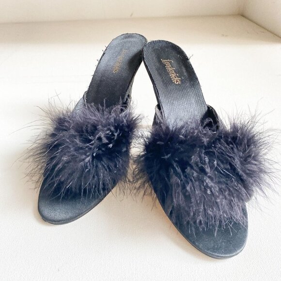 Vintage Fredric's Of Hollywood Black Satin Feather Accent Bedroom Heels 9 - Picture 8 of 11